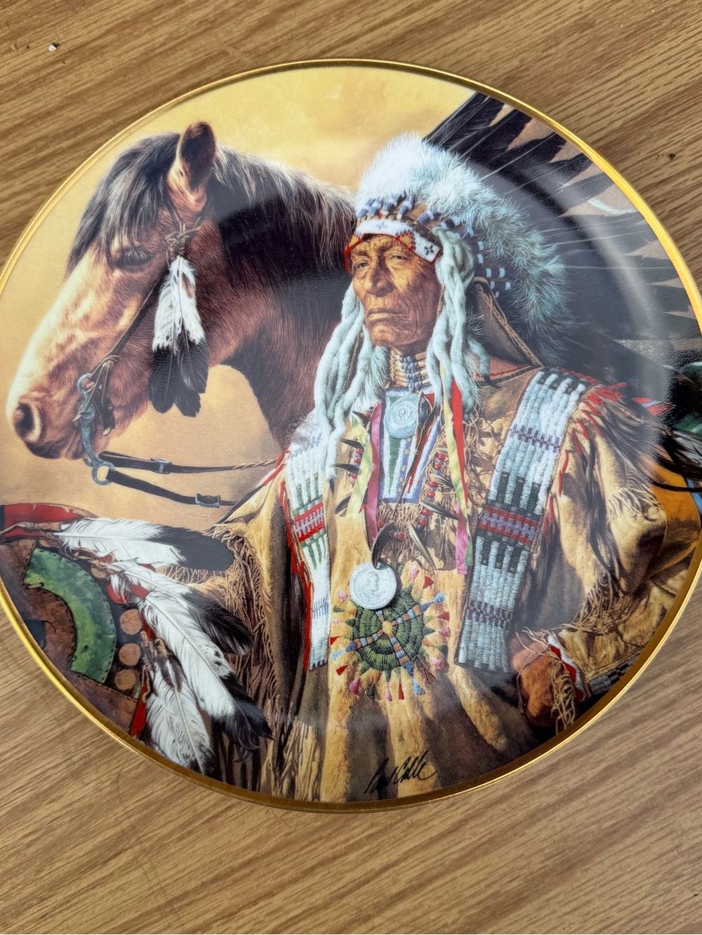Hand-Painted Ceramics Wall Plate with Native Warrior Motif in Brown and White